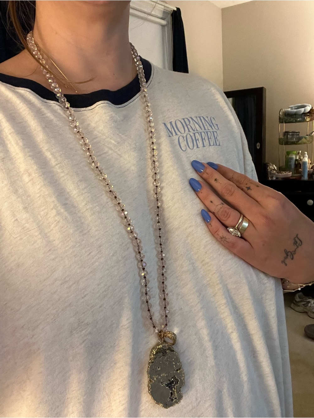 Long Beaded Necklace with Gold Druzy Pendant